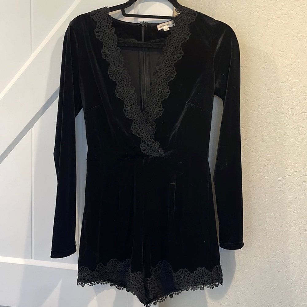 Black velvet long sleeve romper - deep V!
